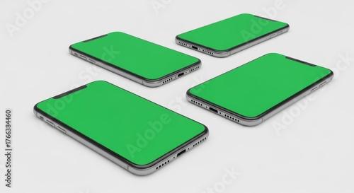 Get creative with these modern smartphones featuring vibrant green screens for your advertising mockups or app design presentations today
