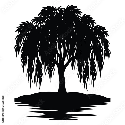 Black silhouette of a willow tree with long hanging branches. Ideal for nature and wellness designs, meditation themes, poetic artwork, eco branding, minimalist logos, and calm landscape illustrations