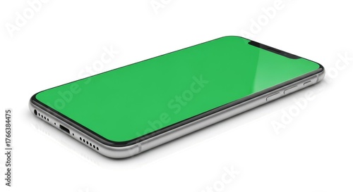 Sleek silver smartphone with vibrant green screen for app design showcases, offering a modern and professional look for digital prototypes and UI mockups