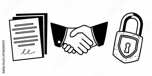 Illustration of a contract agreement with a handshake and a padlock for security measures and safety