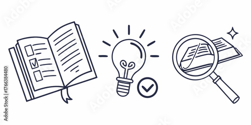Open book with checklist, light bulb with checkmark and magnifying glass examining book pages icon