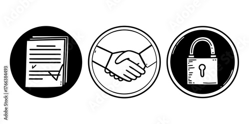 Illustration of agreement document with checkmarks, handshake, and padlock in circular black and white icons