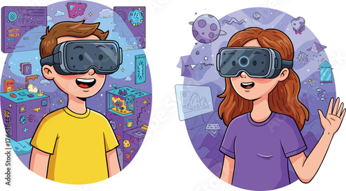 Children Using VR Headsets, Imaginative Virtual Worlds, Tech and Education Scene, Cartoon Kids, Floating Cubes, Dinosaur Hologram, Space and Game Environments