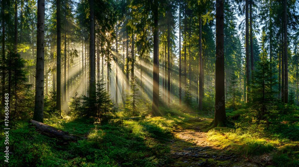 Obraz premium Sunlit Forest Path with Golden Rays
