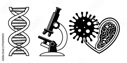 Illustration of dna helix microscope virus and heart representing medical science and research field