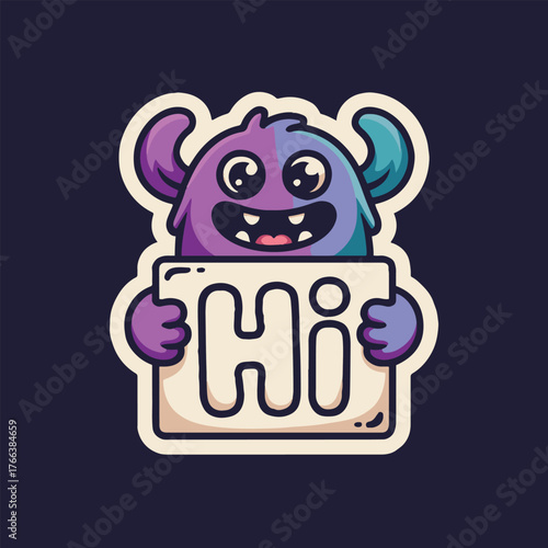 A cartoon monster holding a sign that says hi with purple and blue fur on a dark background