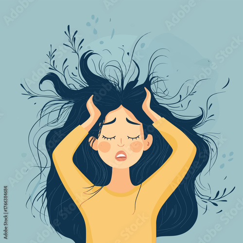 Middle-aged Woman Struggling with Increased Shedding Hair - Emotional Stress Concept   , vector style simple color