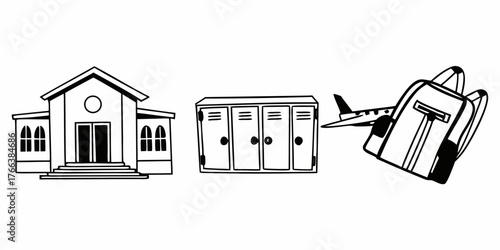 Illustration of a school building lockers airplane and backpack in black and white outline style drawing