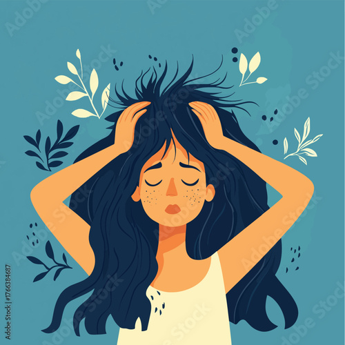 Middle-aged Woman Struggling with Increased Shedding Hair - Emotional Stress Concept   , vector style simple color