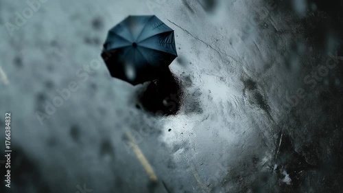 Top view of a wet road with puddles, a man walking with an umbrella in the rain