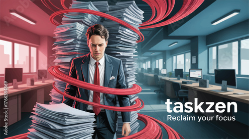 Stressed businessman surrounded by towering stacks of paper and red swirling ribbon overwhelmed workload