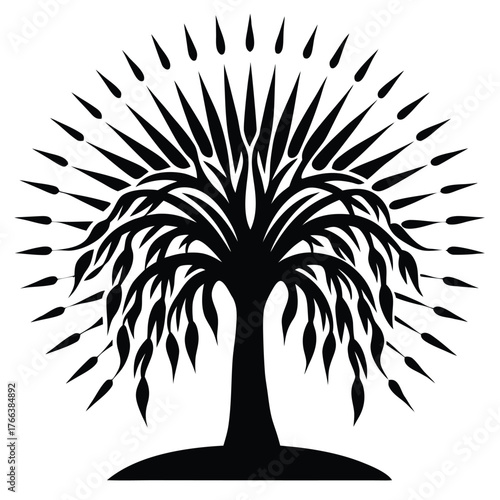 Black silhouette of a willow tree with long hanging branches. Ideal for nature and wellness designs, meditation themes, poetic artwork, eco branding, minimalist logos, and calm landscape illustrations