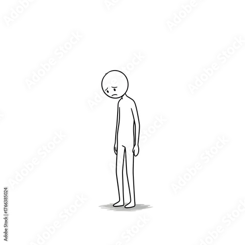 Minimalist stick figure standing alone with head down, expressing sadness, regret, or low self-esteem.