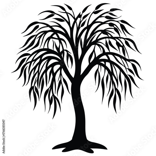 Black silhouette of a willow tree with long hanging branches. Ideal for nature and wellness designs, meditation themes, poetic artwork, eco branding, minimalist logos, and calm landscape illustrations