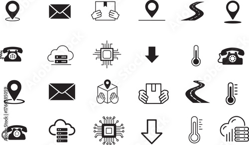Diverse Set of Black and White Icons Representing Various Concepts and Industries Communication Technology Logistics and Location Services