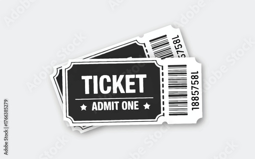 Two Black and White Admit One Tickets with Barcodes admission entry