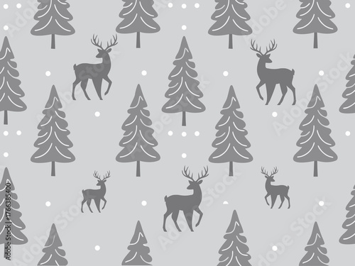 Seamless winter pattern with deer and fir trees, simple monochrome vector background with forest animals and snow dots, minimalistic Christmas design for wrapping paper and textile print