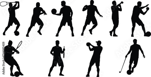 Athlete silhouettes playing sports, tennis basketball boxing baseball golf soccer, dynamic action poses, fitness illustration, active lifestyle design, vector art collection