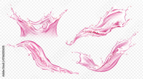 Dynamic pink liquid splashes and waves isolated on transparent background