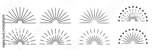 Vintage starburst. Sunburst shapes, bursting sun rays, sunshine. Radial fireworks burst, sunset and sunrise, star beams, sparkle elements. Vector classic boho logo line set