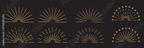 Vintage starburst. Sunburst shapes, bursting sun rays, sunshine. Radial fireworks burst, sunset and sunrise, star beams, sparkle elements. Vector classic boho logo line set