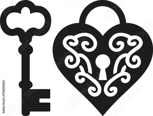 Heart Lock and Key Silhouette Vector Illustration for Valentine’s Day and Love Concept Design