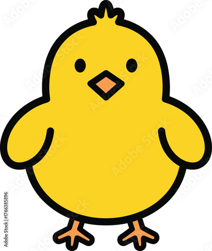 Cute yellow cartoon chick with black outline orange beak feet
