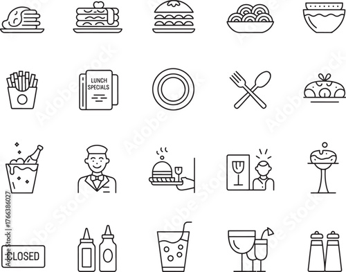 Restaurant and Food Icon Set Featuring Various Menu Items and Dining Elements in Outline Style