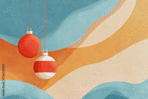 Festive Ornaments Hanging Against Abstract Textured Background Featuring Orange Blue and White Hues
