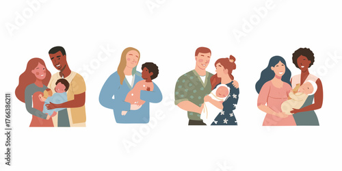 Diverse families with babies embracing the joy of parenthood and new life