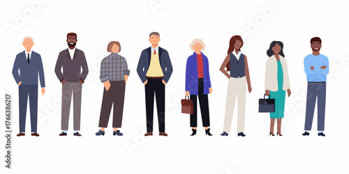 Diverse group of professional men and women standing together in business attire on a white background