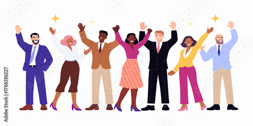 Diverse group of business professionals celebrating success with raised hands and smiles