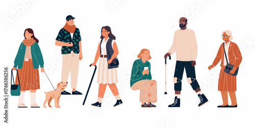 Diverse group of people with different ages and abilities standing and walking together