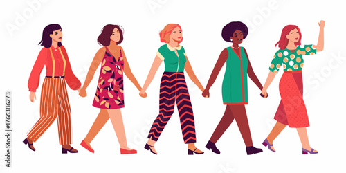 Diverse group of women holding hands and walking together in solidarity and unity
