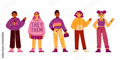 Diverse group of five young people wearing colorful modern clothing standing together