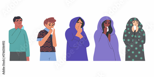 Diverse group of people experiencing cold and flu symptoms holding tissues and looking unwell