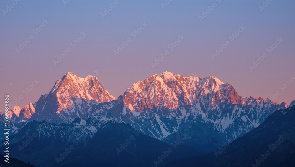 Fototapeta premium Majestic snow-capped mountain range basks in the warm glow of sunrise or sunset, with stunning hues of pink and orange illuminating the peaks against a soft, pastel blue sky.