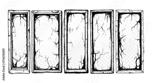 Collection of distressed stone frames and cracked rectangular borders, hand-drawn vector set with old weathered textures, perfect for vintage graphic design projects