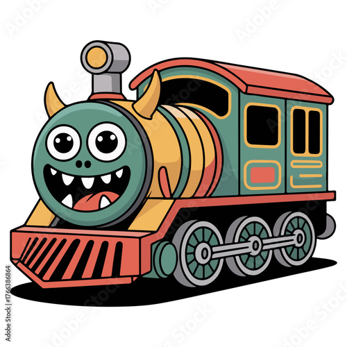 A whimsical cartoon train character with a smiling face. The colorful train features a fun design with horns and big eyes