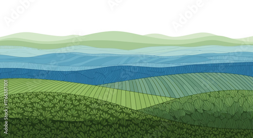 Lush green rolling hills and layered landscape illustration, depicting expansive agricultural fields stretching towards a serene horizon under a clear sky