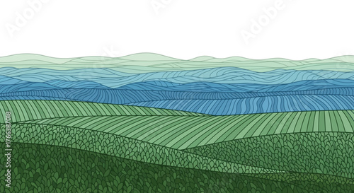 Abstract illustration of undulating farmland and gentle hills, showcasing a serene natural landscape with layered fields and a distant horizon in a harmonious blend of green and blue hues