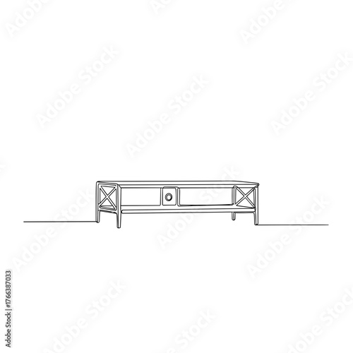 Wooden TV stand with cross detail in line art style on white