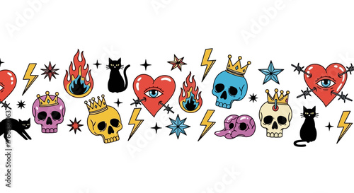 Seamless pattern featuring gothic and edgy tattoo-inspired elements. Skulls, hearts, black cats, and lightning bolts ideal for alternative designs and prints