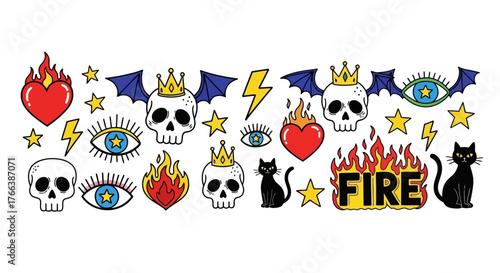 Dynamic vector sticker set with edgy and mystical symbols crowned skulls, flaming hearts, enigmatic eyes, and black cats. Ideal for trendy alternative graphic designs