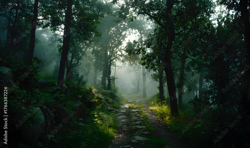 Obraz premium Ethereal Forest Road Tunnel with Dramatic Sunbeams Filtering Through Lush Green Summer Trees