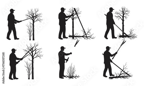 Tree Pruning Silhouettes, Gardening Tools, Arborist Techniques, Shrub Maintenance, Landscaping Work, Outdoor Labor, Seasonal Cleanup, Black Figures, Visual Instruction