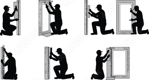 Window Installation Silhouettes, Step-by-Step Construction Task, Frame Alignment and Sealing, Hard Hat Worker, Industrial Scene, Black Figures, Home Improvement Process