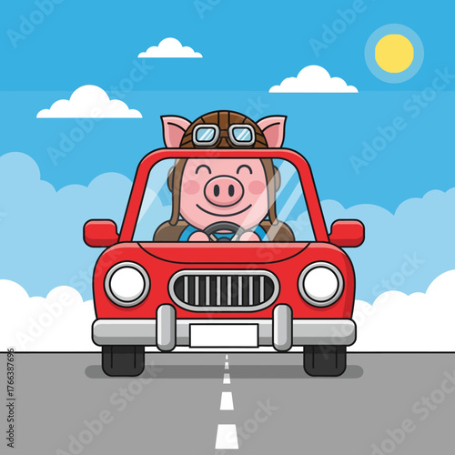 A cheerful cartoon pig wearing an aviator hat and goggles is happily driving a bright red car down a road on a sunny day, creating a whimsical scene.