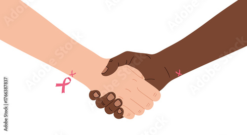 Two diverse hands, one light-skinned and one dark-skinned, shaking in a gesture of unity and support, both wrists adorned with pink ribbons symbolizing breast cancer awareness.