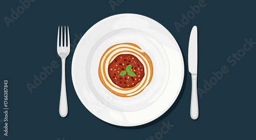 Top-down view of a white plate with spaghetti bolognese, garnished with a fresh herb, flanked by a fork and knife on a dark background.